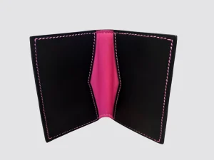 Porte-cartes Cuir Noir et Rose Fait Main